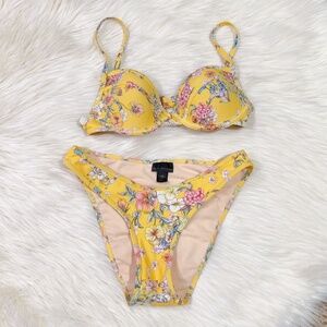 L.A. Hearts Yellow Floral Print Underwire Push Up Bra Bikini Set Size XS - 32B